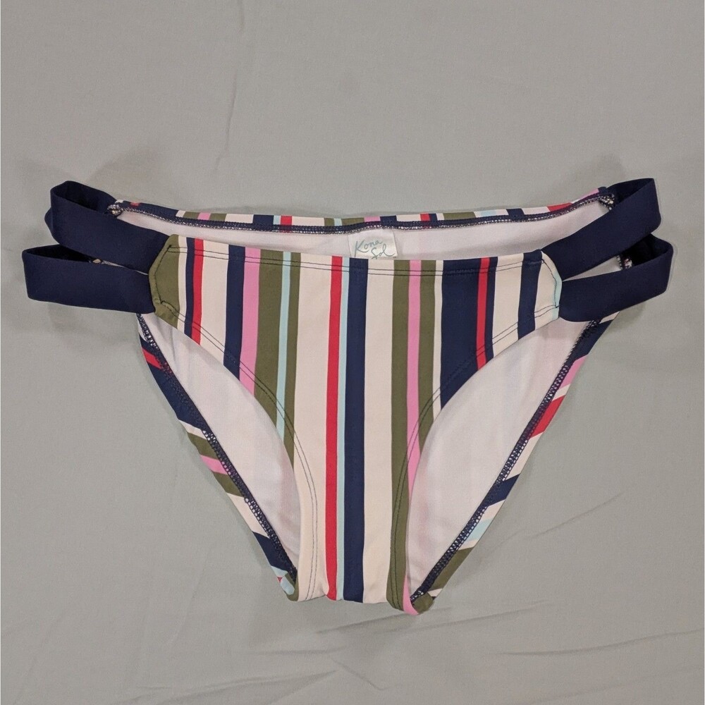 Kona Sol Women Multi Colored Striped Side Tab Medium Hipster Bikini Bttom